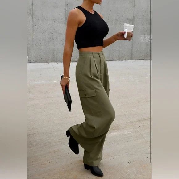 Dokotoo Women’s 12 High Waisted Wide Leg Cargo Pants 4 Pockets Baggy Casual NWT - Picture 3 of 14